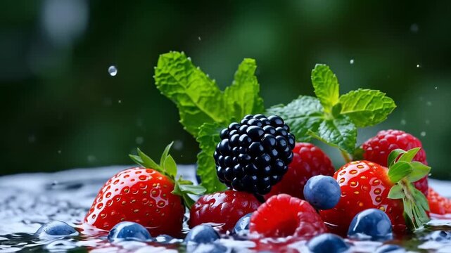 Various berries in splash of clean water. Food advertising background. Fresh juicy blackberries, strawberries, raspberries and blueberries	