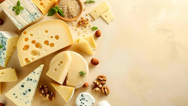 Various types of cheese, nuts loaf on a yellow background. Copy space for text, banner.