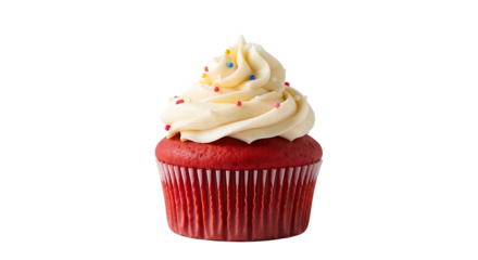 Delicious red velvet cupcake with fluffy white cream cheese frosting and vibrant colorful sprinkles on a transparent background, perfect for birthday celebrations, sweet treats, bakery advertisements,