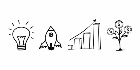 Illustration of a lightbulb, rocket, growth chart, and money tree in black and white doodle style