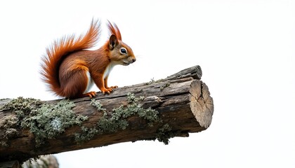 Red squirrel sits on old log with moss. Furry rodent looks alert, isolated on white background. Wildlife mammal in nature forest environment. Small animal in natural habitat.