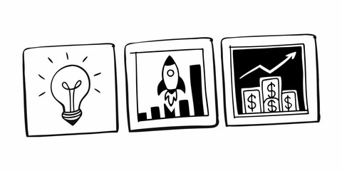 Three framed illustrations showing a lightbulb a rocket launching and a line graph with dollar signs