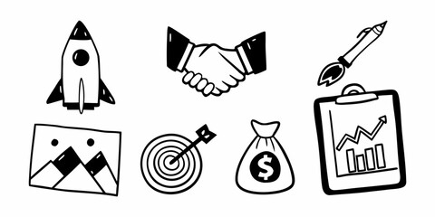 Hand drawn business and finance icons including rocket handshake target and money bag in black and white