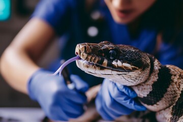 Fototapeta premium Veterinary professional in blue gloves providing medical assistance to a snake with its tongue extended, focusing on exotic pet care