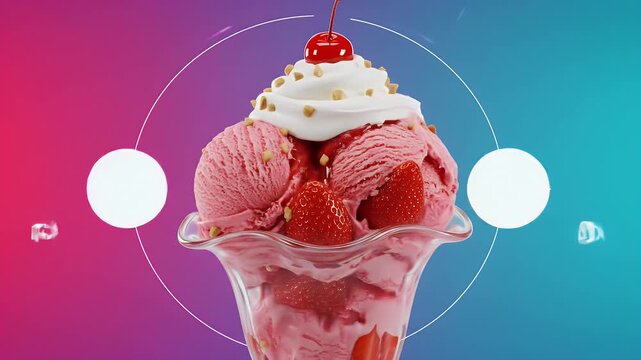 Animated Strawberry Ice Cream Sundae with Modern Graphics.