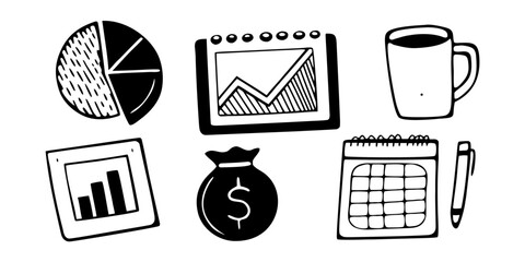 Illustration showing pie chart, money bag, calendar, pen, coffee mug and graph on white background