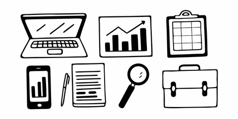 Illustration of business elements including a laptop chart smartphone pen documents magnifying glass and briefcase