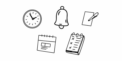 Illustration of a clock, bell, paper with pen, calendar, and notepad with check marks in black outline