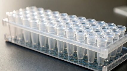 Clear laboratory test tubes in a rack for scientific research applications