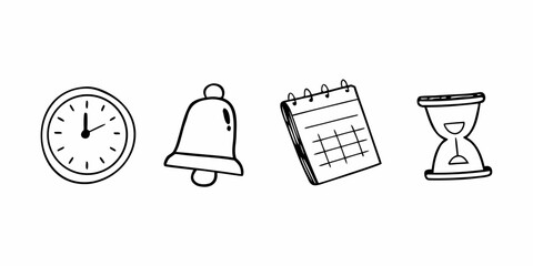 Doodle style illustration of a clock, bell, calendar, and hourglass in a row on a white background