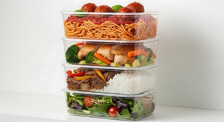 A stack of four clear containers with pre-made meals: spaghetti, chicken with vegetables, beef with rice, and salad.
