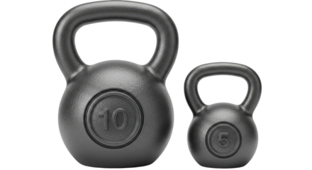Isolated set of two black iron kettlebells 10 and 5 kg for sports training equipment