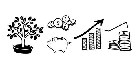 Illustration of a money tree, coins, piggy bank, and a rising bar graph indicating financial growth