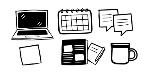 Doodle style office desk with laptop calendar speech bubbles notes newspaper and coffee mug illustration
