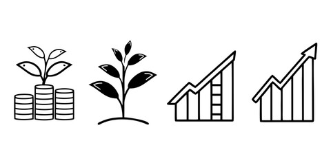 Illustration showing plant growing on coins, sapling, and two rising bar graphs in black and white outline