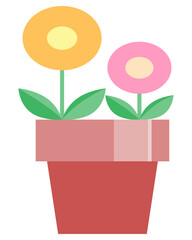 Illustration of a potted plant with two round flowers, shown in color. Suitable for flower bed guides, kindergarten signs, gardening, and spring decoration.