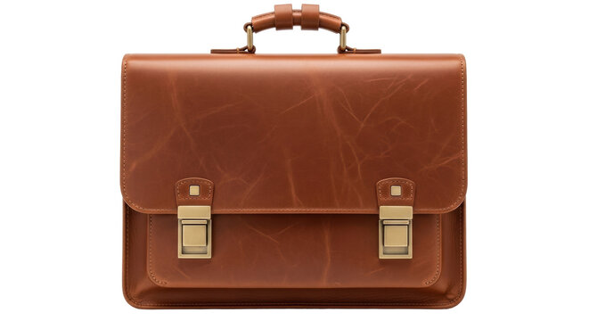 Isolated brown leather satchel with brass hardware for professionals and students alike