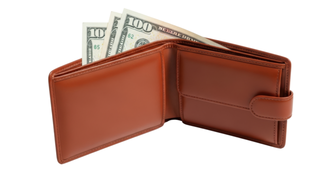 Isolated Brown Leather Wallet with Money - Currency, Finance, Business, and Luxury