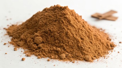 Fine ground spice powder pile with cinnamon sticks on white background