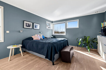 Modern luxury bedroom interior in minimal scandinavian style, 3d render
