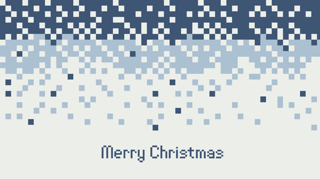 Pixelated christmas card with snow falling and the words merry christmas at the bottom center