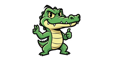 Obraz premium Cartoon alligator mascot making a peace sign and a thumbs up on a white background