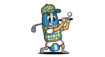 Whimsical golf character swinging club with checkered hat ready to tee off with style