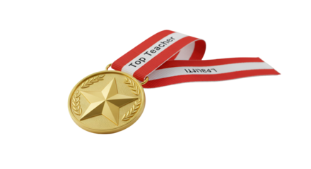 Golden Medal of Honor: A golden medal featuring a prominent star rests proudly against a contrasting red and white ribbon, representing dedication and excellence.