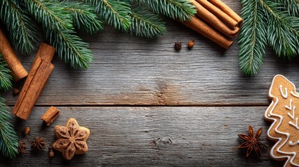 Bundled Cinnamon Sticks with Pine Branches and Cookies