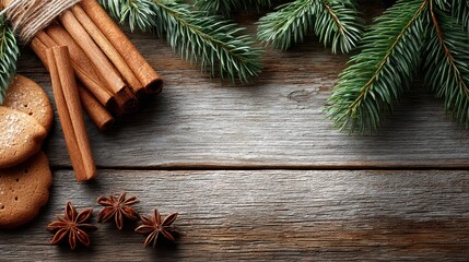 Bundled Cinnamon Sticks with Pine Branches and Cookies
