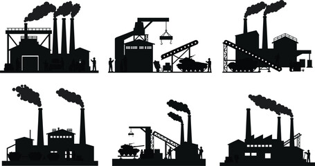 Obraz premium Industrial factory silhouette vector set, manufacturing plant illustration, heavy industry buildings with smokestacks