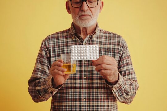 Senior man with glasses and beard holding a blister pack of pills and a glass of amber liquid against a yellow background