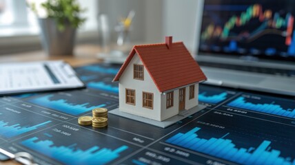 Model house on financial charts with coins, symbolizing real estate investment.