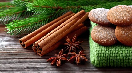 Festive Christmas Cookies with Spices and Pine Branches