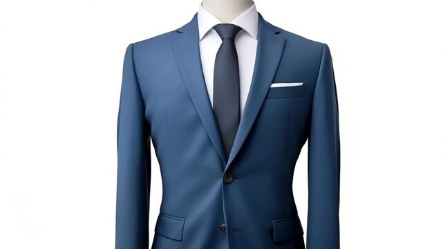 Mockup Fashionable classic blue jacket with white shirt and tie on white background. Place for design, print and showcasing. 