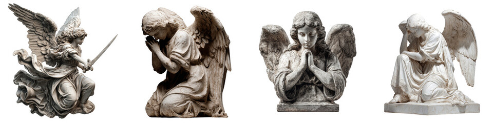 Obraz premium Four angel sculptures representing strength devotion prayer and serenity on transparent background