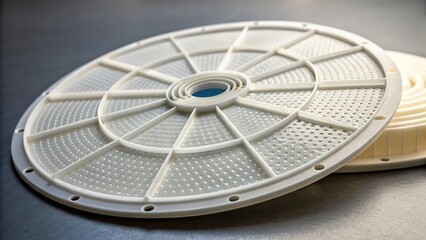 Close up view of white plastic equipment component with distinctive patterns on surface