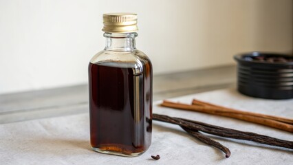 Bottle of dark liquid with cinnamon sticks and vanilla pods on a light countertop