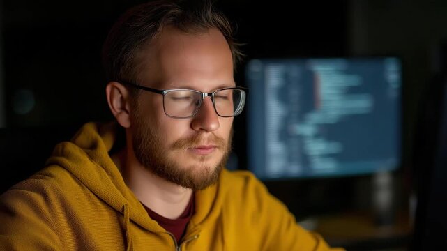 A man intently sits in a dark office, illuminated by computer screens, epitomizing focus and dedication as he navigates through intricate coding and problem-solving tasks.