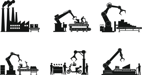 Automation factory process vector set, robotic arms with conveyor belts, motorcycle assembly, packaging, delivery interaction, industrial manufacturing technology illustration collection