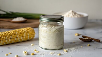 Jar of corn flour surrounded by ingredients on a marble surface
