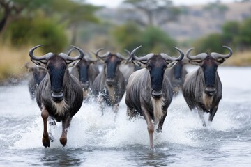 Wildebeests cross a river during migration in Serengeti National Park in Tanzania
