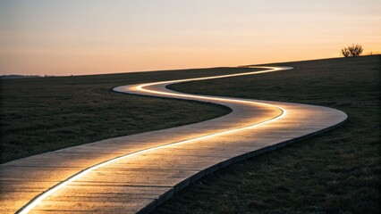 Winding path with illuminated edge at sunset in open landscape