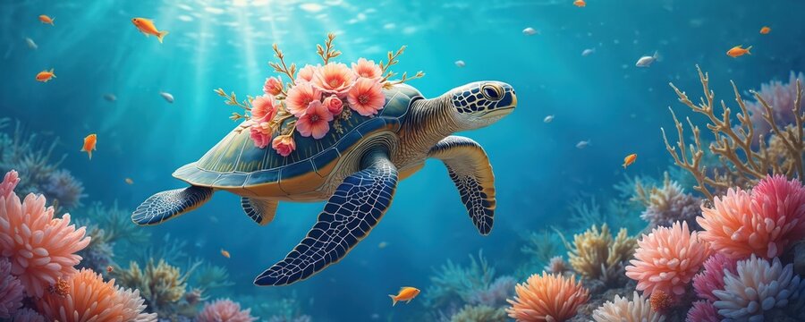 Sea turtle glides through vibrant coral reef teeming with small fish. Flowers adorn its shell in this serene underwater scene. Sunlight streams through clear blue ocean water. - Powered by Adobe