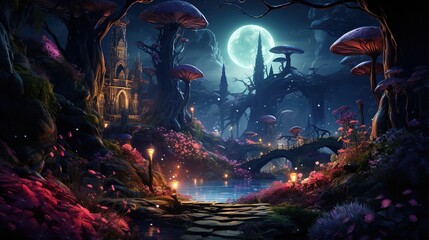 Enchanted Ethereal Forest Pathway Illuminated by Lanterns Beneath a Mystical Full Moon