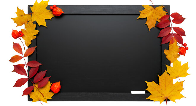 Autumn Blackboard: A blank blackboard framed by vibrant autumn leaves, ready to be filled with creativity and seasonal messages.