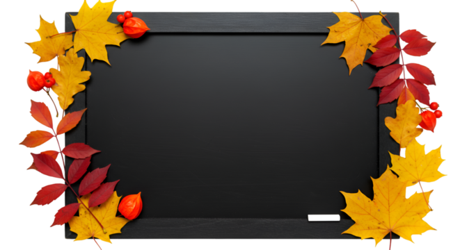 Autumn Blackboard: A blank blackboard framed by vibrant autumn leaves, ready to be filled with creativity and seasonal messages.