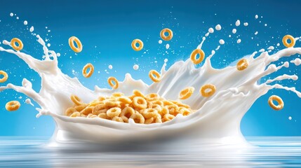 Golden Cereal Rings Floating in Creamy White Milk Splash