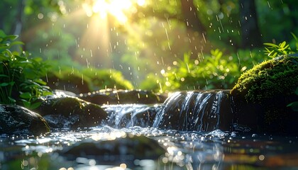 Ethereal Sunbeams Illuminate a Cascading Brook in a Lush, Verdant Forest.