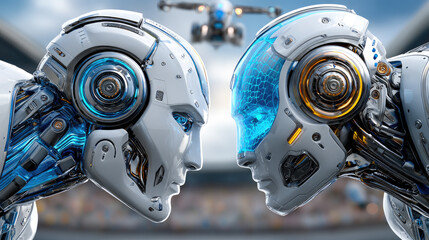 Fototapeta premium In an epic science fiction showdown, two futuristic robots, one radiating a vibrant blue light and the other a soft pink glow, battle against a backdrop of a burning city skyline